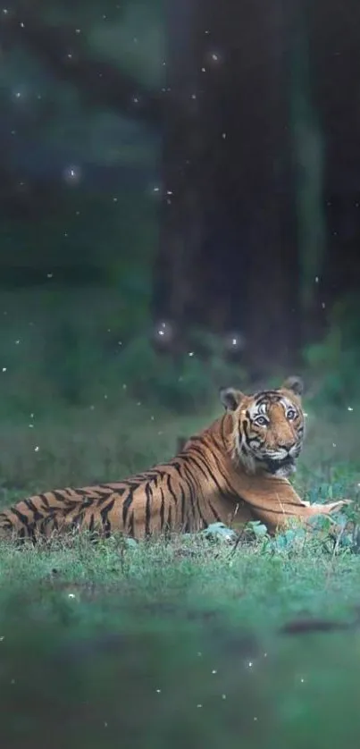 Majestic tiger resting in a lush, green forest setting.