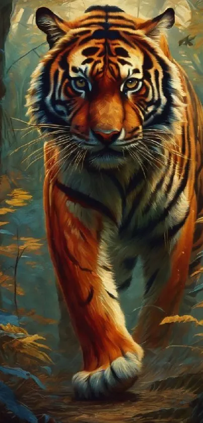 Majestic tiger prowling through a forest in vibrant colors.