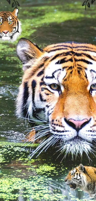 Majestic tiger swimming in a forest stream, peaceful and captivating.