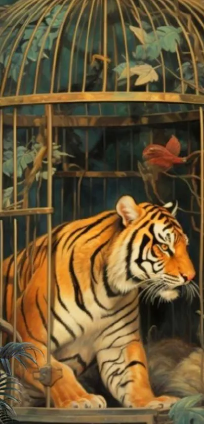 Tiger in a golden cage with lush background.