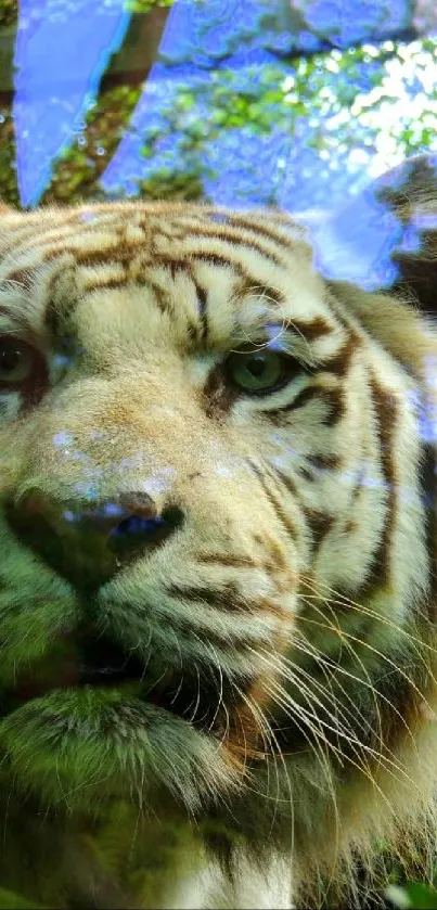 Close-up of a majestic tiger amidst lush green jungle.