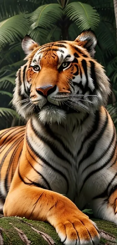 Majestic tiger resting in lush jungle scenery.