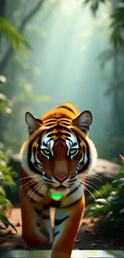 Tiger in lush jungle with vibrant light