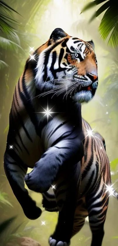 A majestic tiger prowling in a mystical jungle setting.