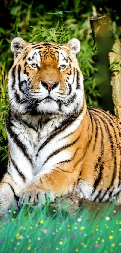 Majestic tiger resting amidst green foliage.