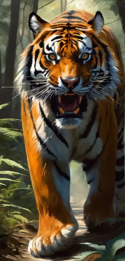 Majestic tiger prowling through lush jungle path.