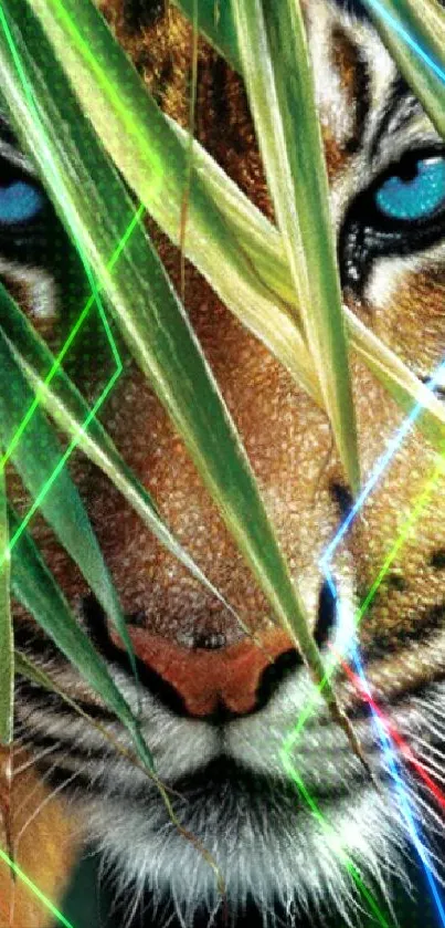 Majestic tiger with blue eyes peering through green jungle leaves.