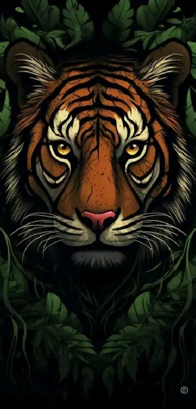 Tiger face surrounded by jungle leaves in dark artistic wallpaper.