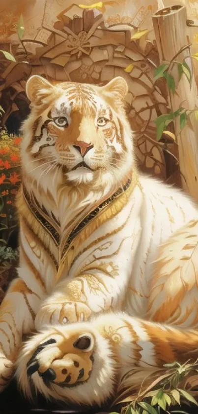 Artistic depiction of a majestic tiger in a jungle setting.