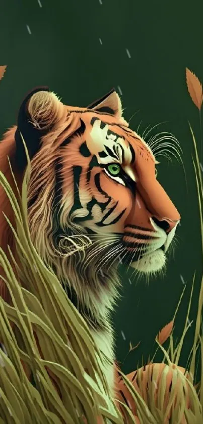 Illustrated tiger in a green jungle setting, perfect for mobile wallpaper.