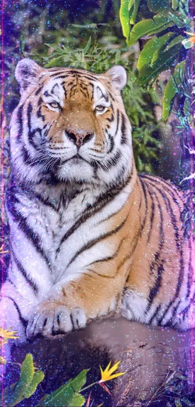 Majestic tiger in vibrant jungle, glowing purple background.