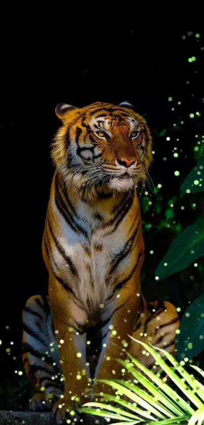 A majestic tiger illuminated in a glowing jungle setting, with lush green foliage.