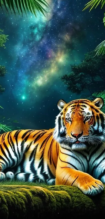 Tiger resting in vibrant jungle night scene.