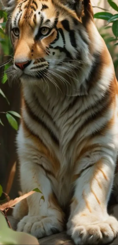 Majestic tiger sitting among jungle foliage.