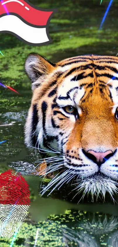 Majestic tiger partially submerged in a lush jungle scene with vivid colors.