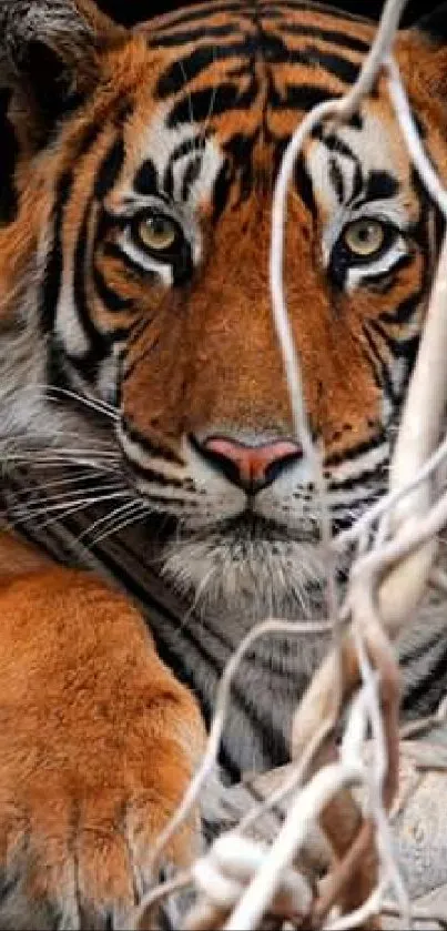 Tiger in jungle, peering through vines, regal and majestic.