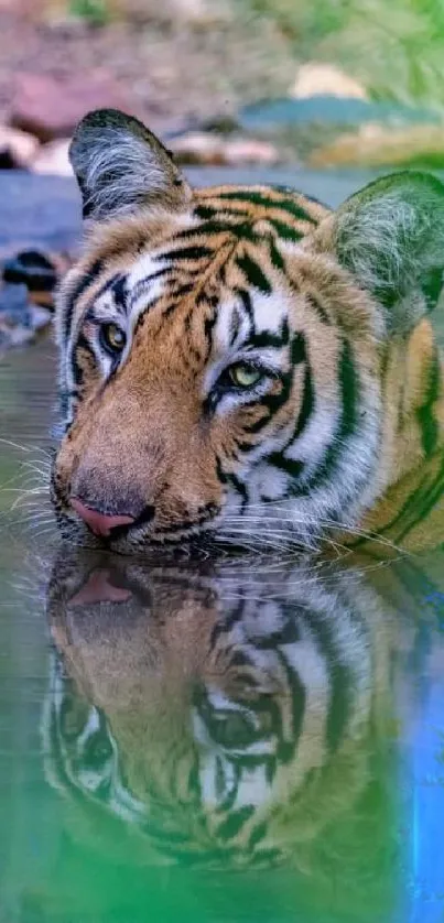 Majestic tiger in jungle stream with green foliage.