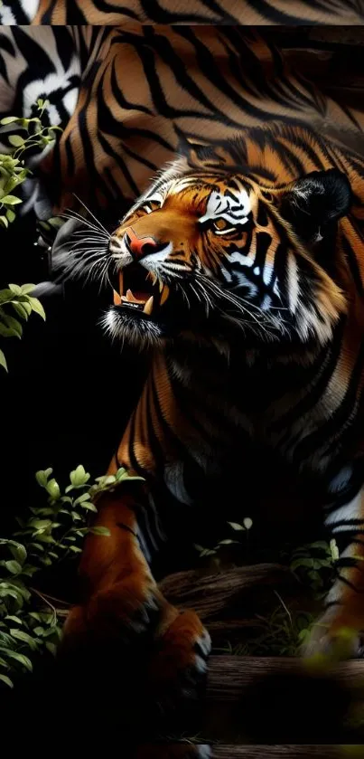 Majestic tiger prowling in a dense jungle with vibrant contrast.