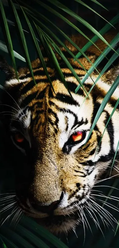 Tiger prowling through jungle leaves with piercing red eyes.