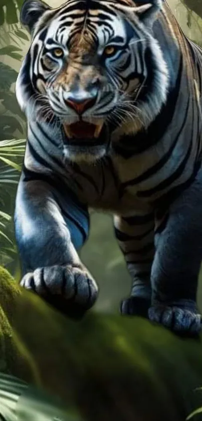 Tiger prowling through a lush jungle.