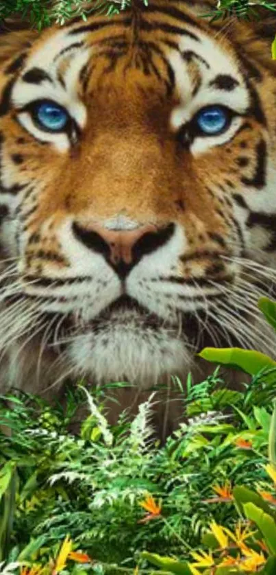 Majestic tiger with blue eyes in green jungle setting.