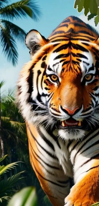 Majestic tiger prowling through the lush jungle landscape.