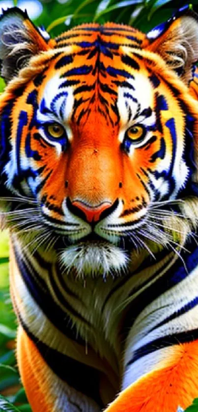 Majestic tiger prowling in lush jungle setting.