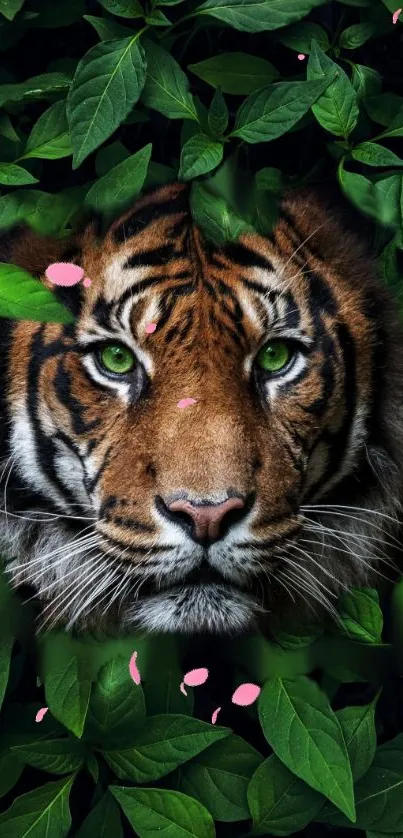 Majestic tiger face amidst vibrant green leaves.