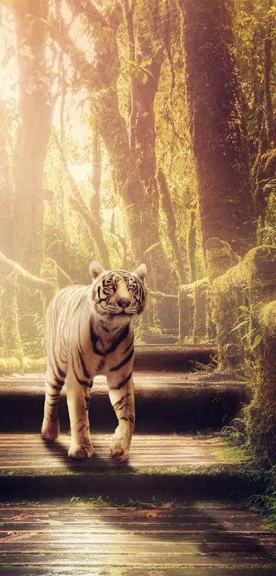 White tiger walking on a lush forest path in vivid green surroundings.