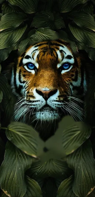 Tiger face peeking through green leaves wallpaper.