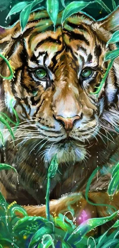 Majestic tiger in vibrant jungle foliage wallpaper.