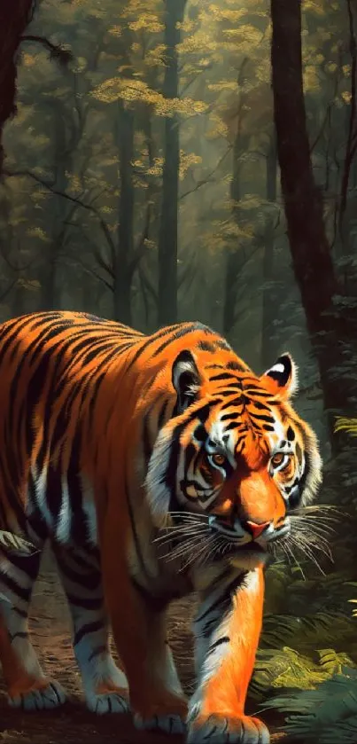 Majestic tiger walking on jungle path, lush greenery surrounds.