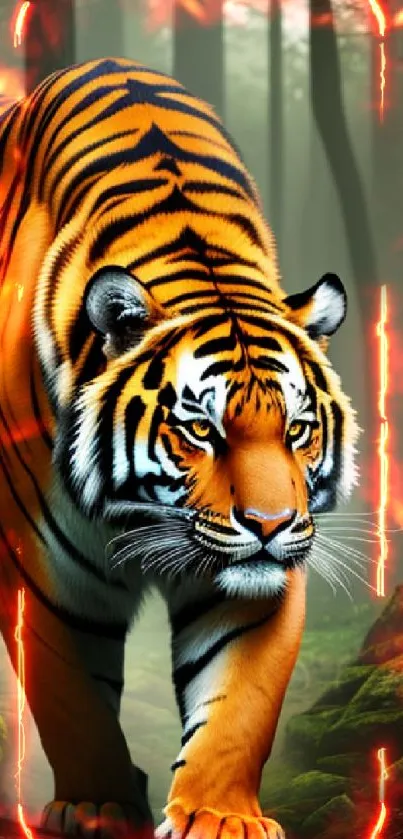 Majestic tiger walking through a misty forest with vibrant orange stripes.