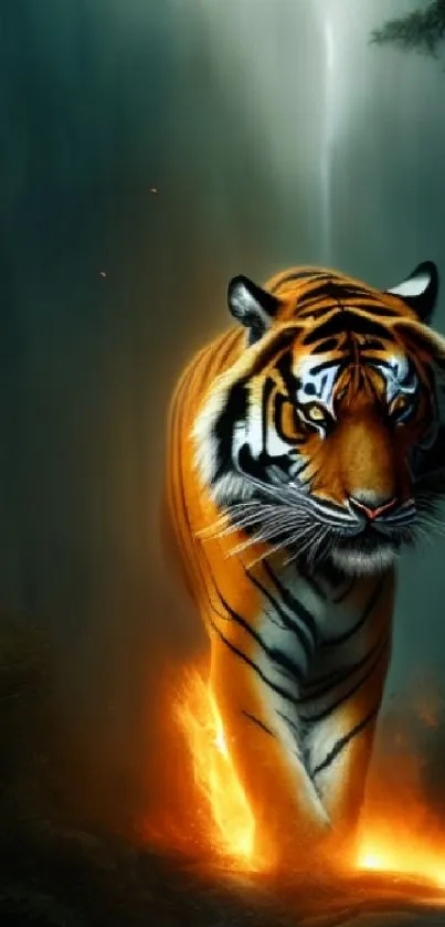 Majestic tiger walking through a misty, glowing forest scene with fiery accents.