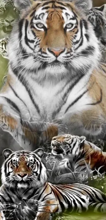 Tiger in mixed art style on a vibrant nature-themed mobile wallpaper.