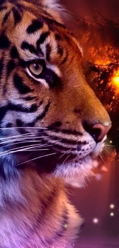 Majestic tiger with dark orange hues and moonlit background.