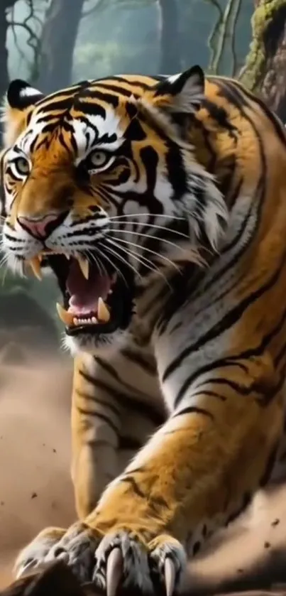 A fierce tiger roaring in the jungle, showcasing its power.