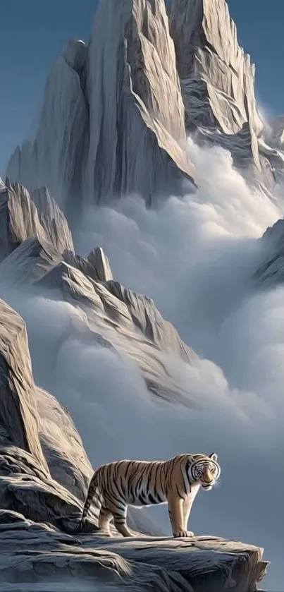 Tiger stands on rocky mountain ledge under cloudy sky.