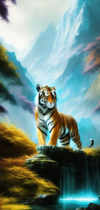 Tiger standing in colorful mountain forest with waterfall backdrop.