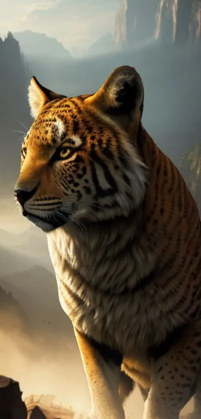 Majestic tiger against a misty mountain backdrop in stunning nature wallpaper.