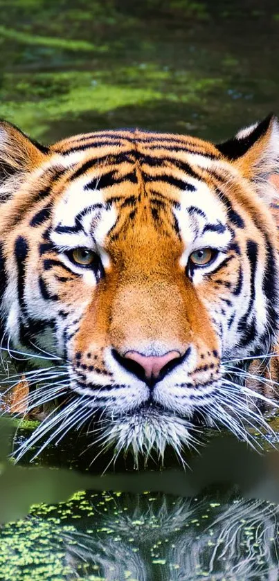 Majestic tiger swimming in lush green water.