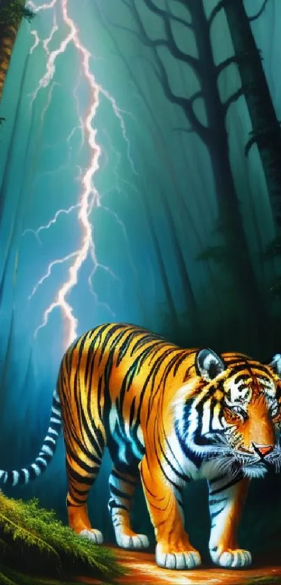 Tiger walks through a mystical forest with lightning in the mobile wallpaper.