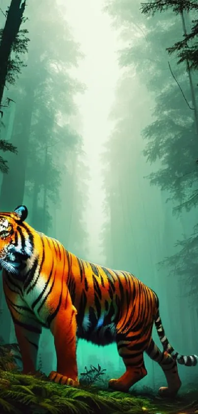 Tiger walking through a misty teal forest with sunlight filtering through.