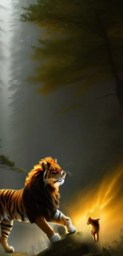 Majestic tiger with glowing light in a mystical forest setting.