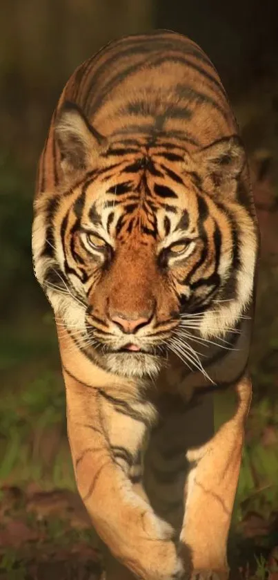 Majestic tiger walking forward in a forest.