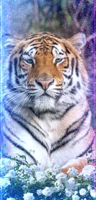 Majestic tiger resting among green foliage and white flowers.