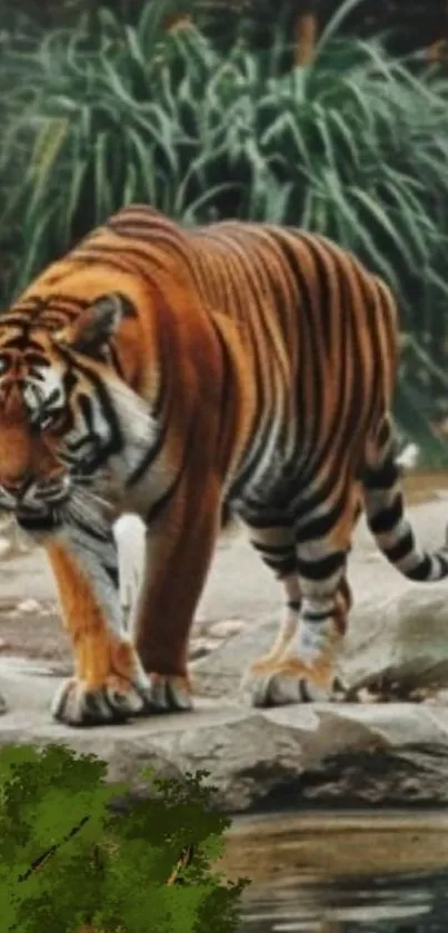 Majestic tiger walking in lush jungle.