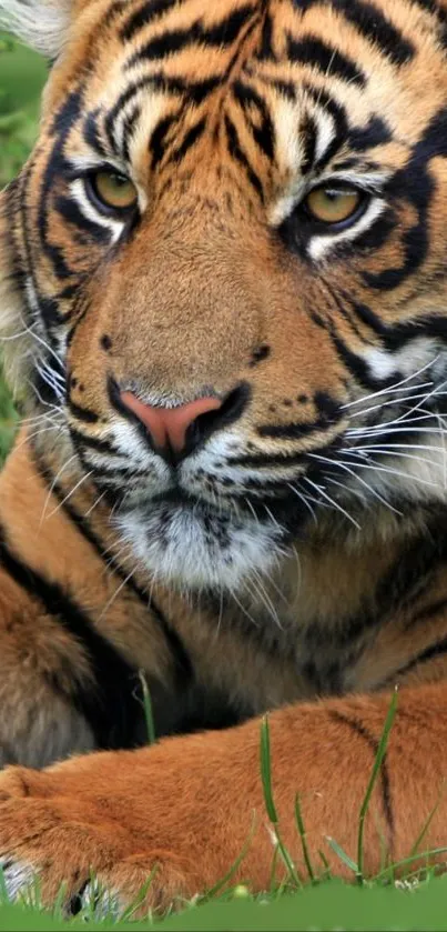 Majestic tiger rests on green grass, showcasing its stunning striped fur.
