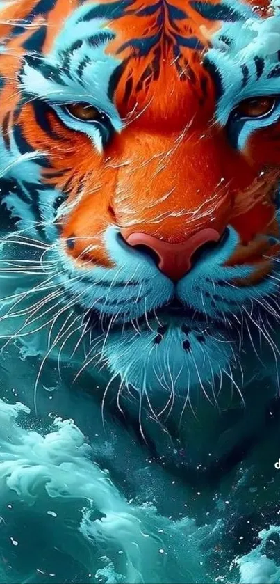 Tiger with ocean waves in digital art wallpaper.