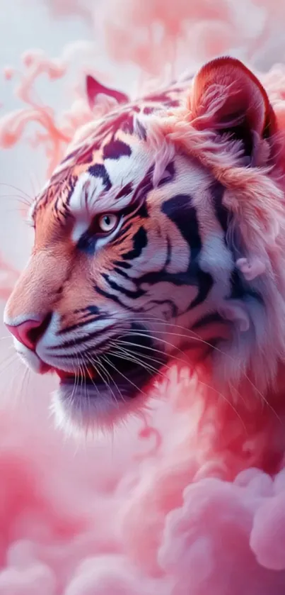 Majestic tiger surrounded by pink smoke.